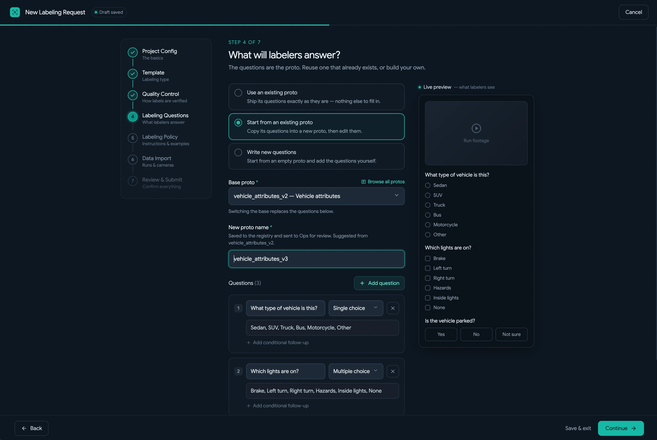 Step 4 of the wizard, 'What will labelers answer?': reusing, copying, or writing the question set, with a live preview of the questions as the labeler will see them
