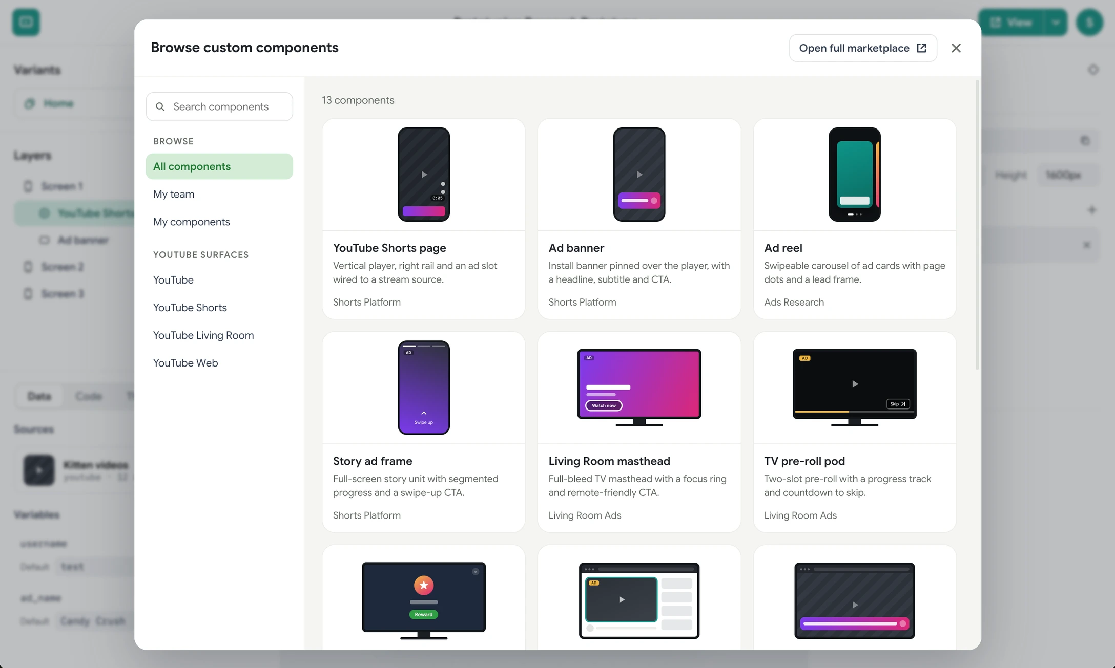 The new custom components view when adding elements to a screen
